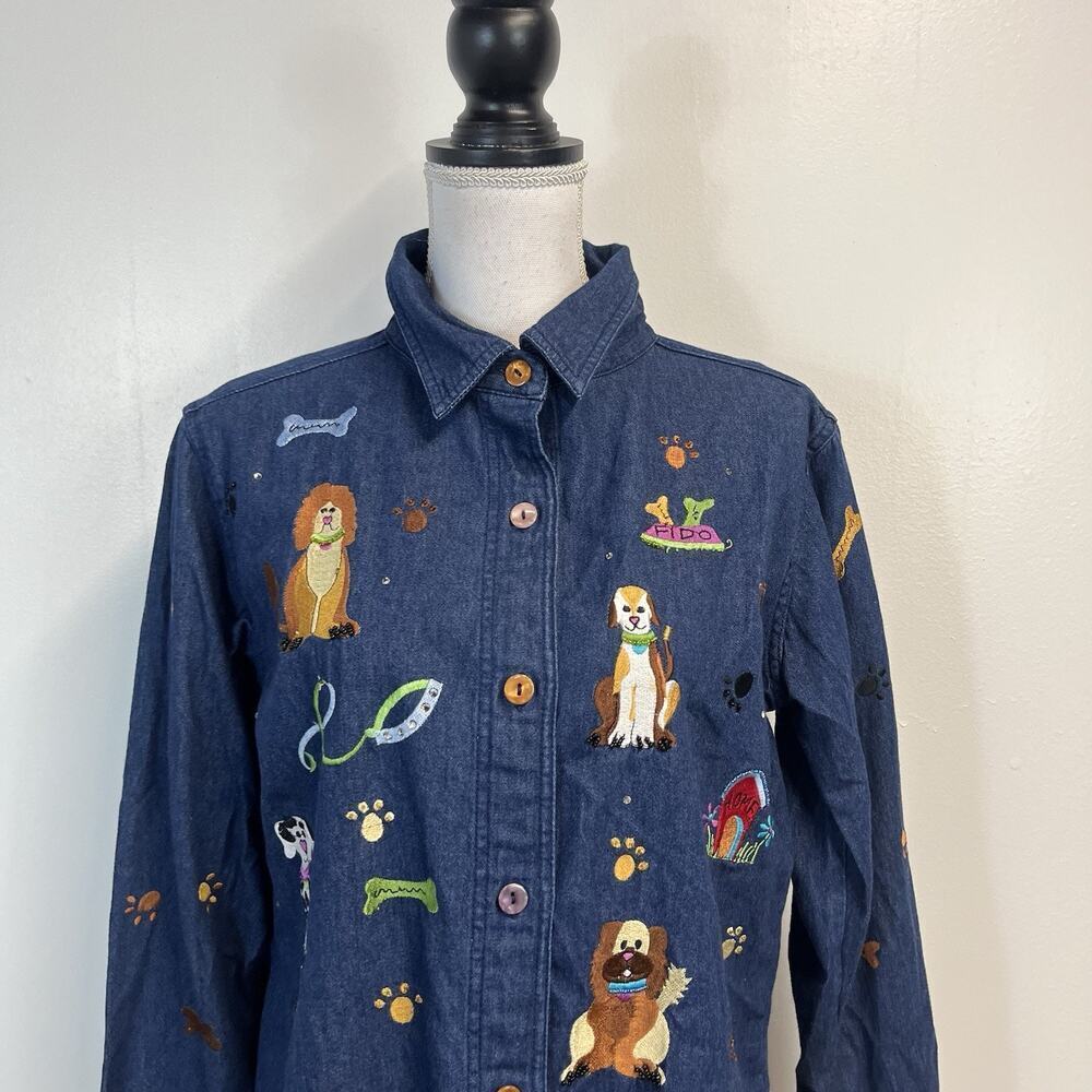The Quacker Factory Denim Jean Shirt size Small Dogs Dalmatian Embroidery Beads - Picture 2 of 11